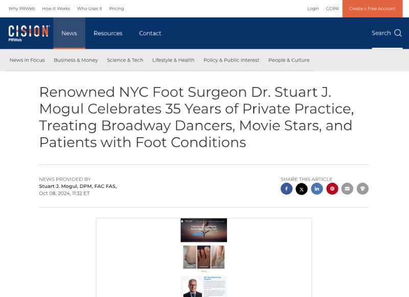 Screenshot of an article - Renowned NYC Foot Surgeon Dr. Stuart J. Mogul Celebrates 35 Years of Private Practice, Treating Broadway Dancers, Movie Stars, and Patients with Foot Conditions